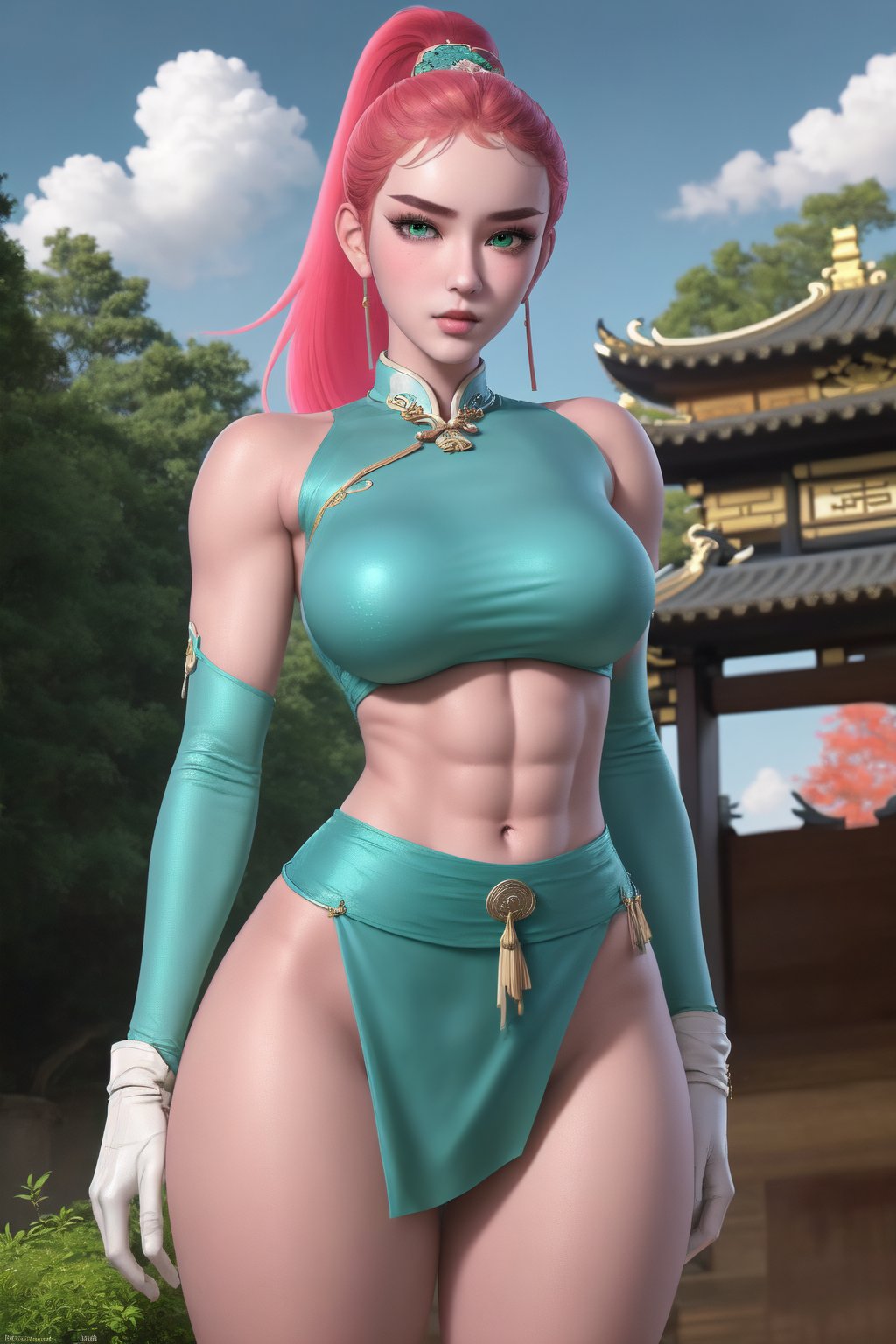 1girl, Long Yuyin, a young beautiful woman, long pink hair, ponytail, green eyes, beautiful face. Arrogant, tomboyish attitude. She has a statuesque, athletic body, defined muscles, big breasts, strong arms, firm breasts, marked abs, wide hips, big ass, round ass, wide thighs, strong legs. She wears a turquoise Chinese dress with silver ornaments that shows off her legs. She wears white gloves up to her elbows. In the background an oriental forest, with classic Chinese buildings, the blue sky, the clouds in the sky. silkpunk, interactive image, highly detailed. ((Detailed Face)), Long Yuyin, sciamano240