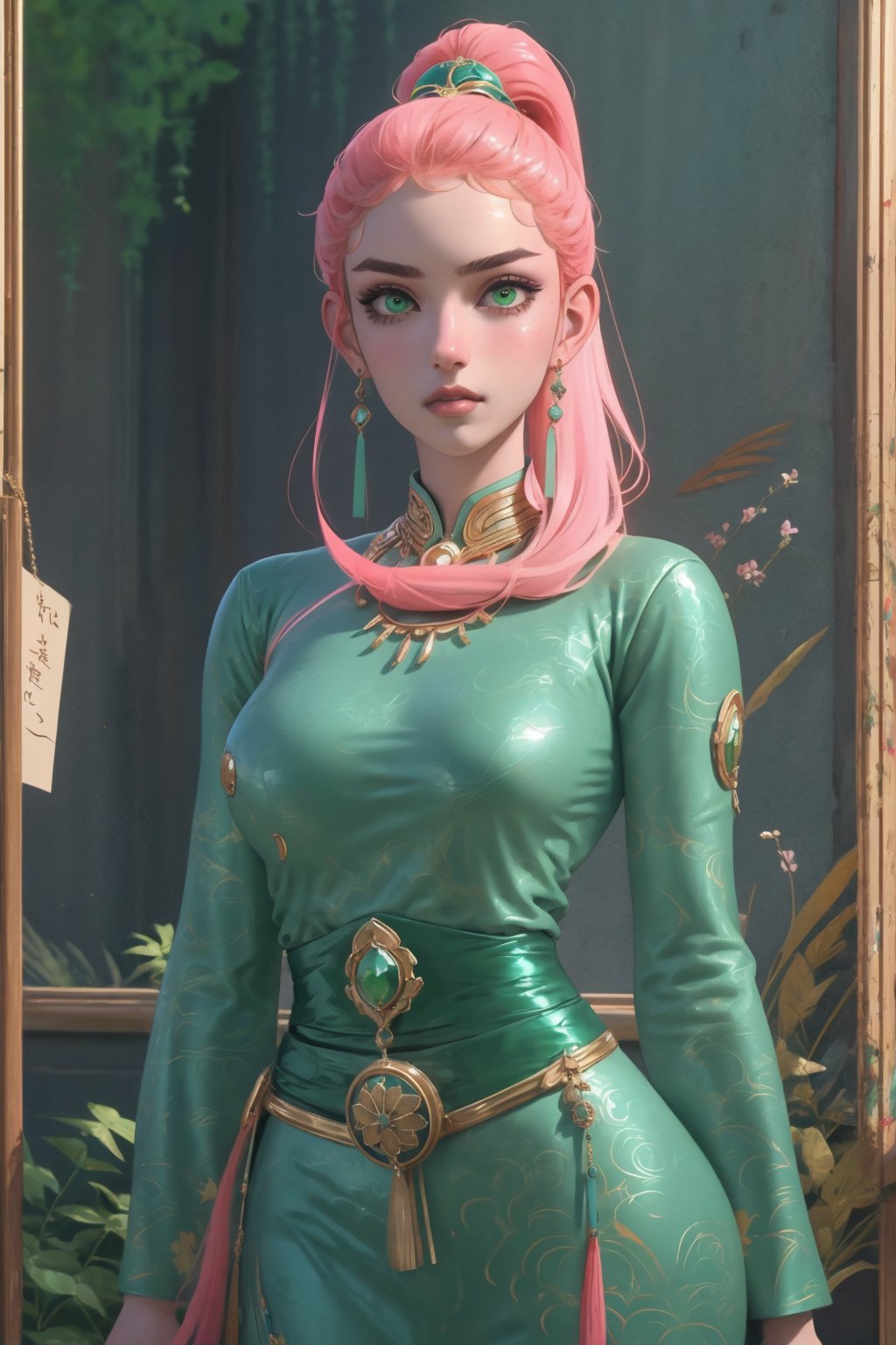 1girl, long yuyin, solo, oil painting, impasto, looking at viewer, a beautiful young woman, 24 years old, long pink hair, green eyes.  warrior, DnD, tribal necklace, warrior psychedelic outfit, big breasts, wide hips,  psychedelic background, masterpiece, nijistyle, niji, , sciamano240, soft shading, Long Yuyin