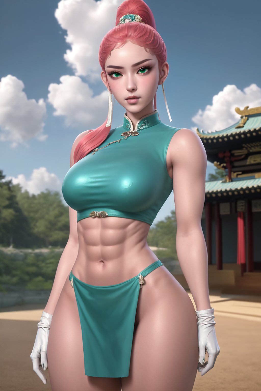 1girl, Long Yuyin, a young beautiful woman, long pink hair, ponytail, green eyes, beautiful face. Arrogant, tomboyish attitude. She has a statuesque, athletic body, defined muscles, big breasts, strong arms, firm breasts, marked abs, wide hips, big ass, round ass, wide thighs, strong legs. She wears a turquoise Chinese dress with silver ornaments that shows off her legs. She wears white gloves up to her elbows. In the background an oriental forest, with classic Chinese buildings, the blue sky, the clouds in the sky. silkpunk, interactive image, highly detailed. ((Detailed Face)), Long Yuyin, sciamano240