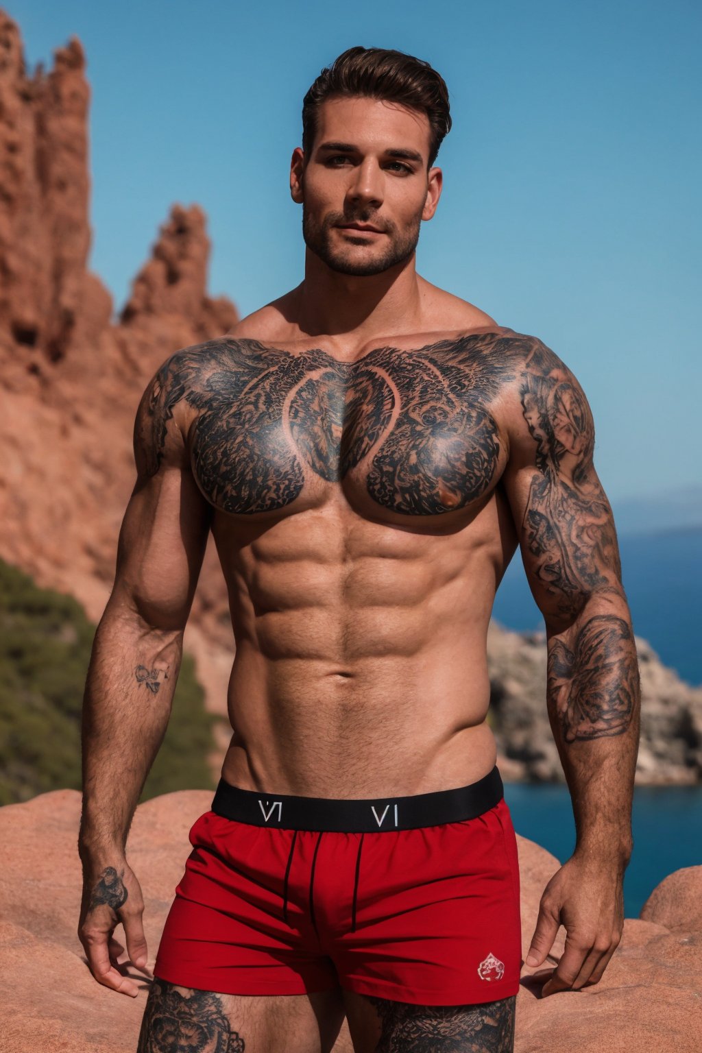 Papi Kocic, looking at viewer, pale, solo, male focus, best quality, real image, male focus, perfect face, extremely handsome, muscular,tattoos, red volcano in far background, brown rocks, masculine, short brown hair, facial hair, black male underwear, upper body, topless male, many tattoos,