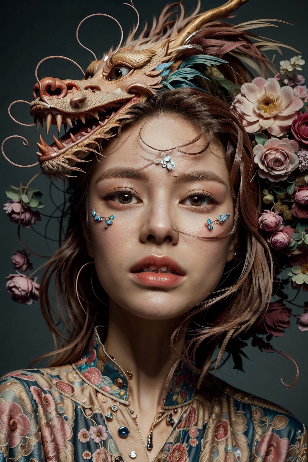 (((masterpiece))), realistic, 3d render, soft tones, lighting details, dragon hat ,  flower hat, red lips, 
White skin tone, pink tone, dragon , white flower dress, closed eyes, sweet lips 
, highlights of wavy hair, 