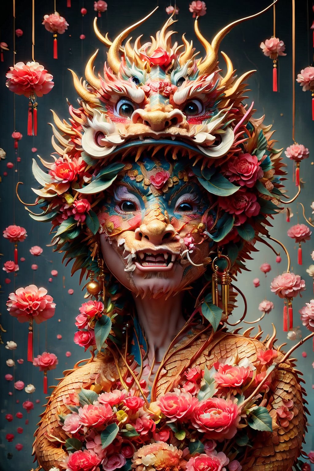 (((masterpiece))), realistic, 3d render, soft pale tones, pink dragon hat ,  flower mask, red lips, 
White skin tone, soft , dragon , white flower dress, closed eyes, sweet lips , chinese girl
, highlights of wavy hair, ,chinese dress,dragonyear