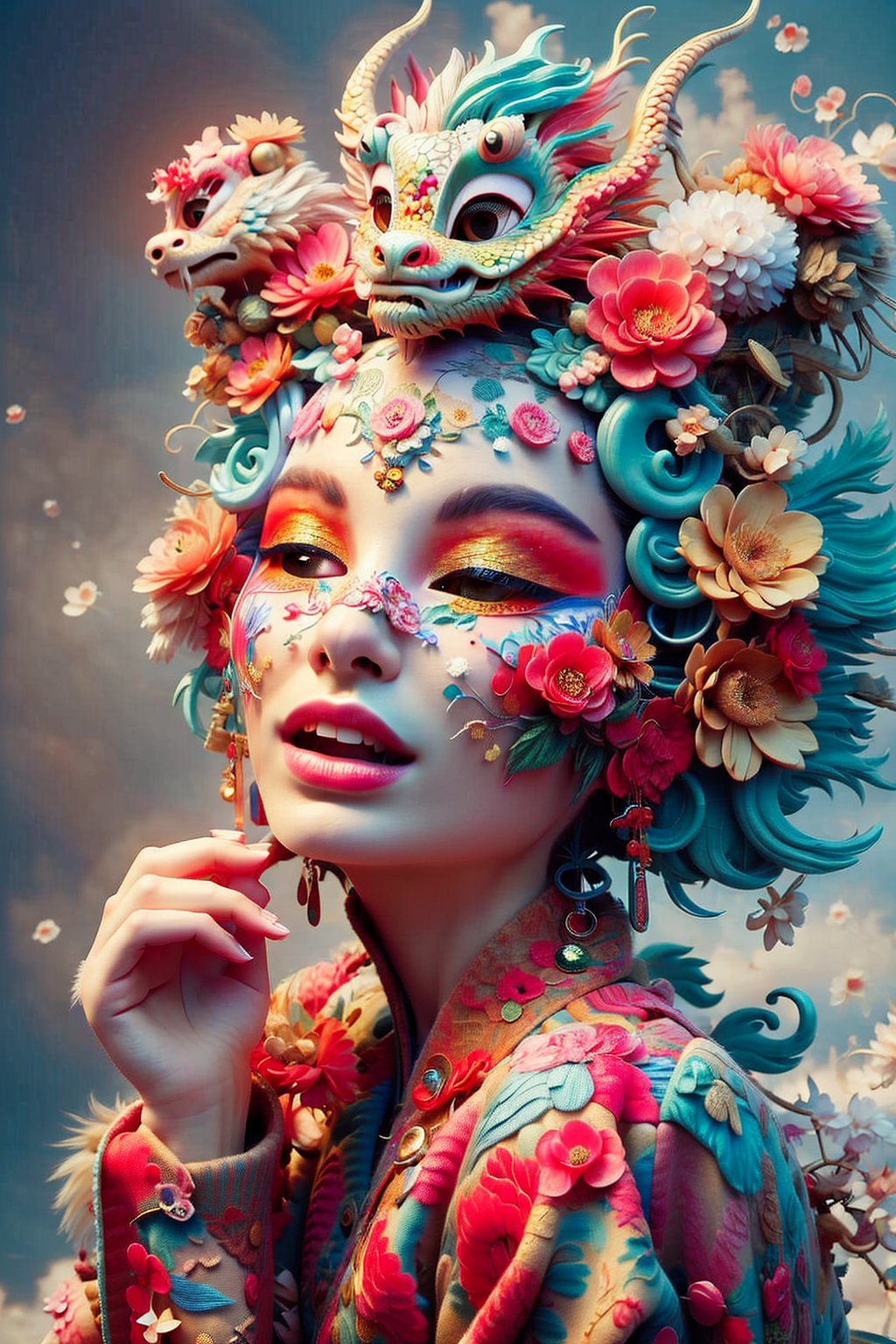 (((masterpiece))), realistic, 3d render, soft pale tones, pink dragon hat ,  flower mask, red lips, 
White skin tone, soft , dragon , white flower dress, closed eyes, sweet lips 
, highlights of wavy hair, ,chinese dress,dragoncute