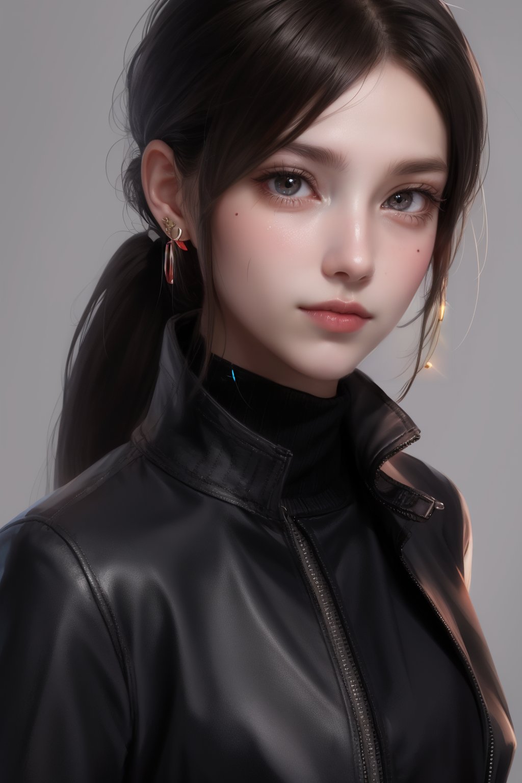 1girl, solo, long hair, looking at viewer, smile, simple background, black hair, brown eyes, jewelry, jacket, upper body, ponytail, earrings, sweater, lips, black jacket, turtleneck, portrait, ribbed sweater, turtleneck sweater, grey sweater