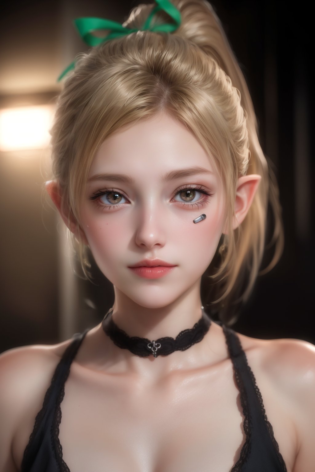 Bringing food to the camera, Venus, elf, blonde hair, ponytail, green ribbon, looking at thd camera, blush, smile, backlit, ultra - detailed face, dynamic angles, high - sensitivity illustrations, masterpiece, UHD, best quality, octane render, cinematic, hyper detailed, ultra photorealistic, hyper - realistic