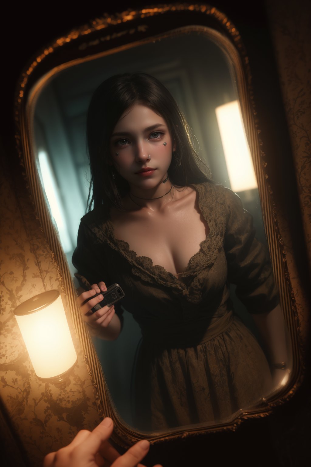 a creepy girl inside phone camera, see on screen, at night, reflection of a scared girl, scary scene, dark movie, perfect composition, beautiful detailed intricate insanely detailed, 8k artistic photography, photorealistic concept art, cinematic perfect light, chiaroscuro