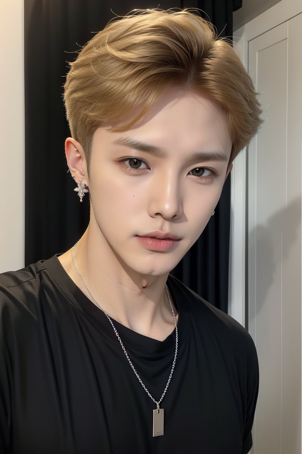 male face,ikemen, kpop,ikemen, kpop,ikemen, handsome, violinist, earrings, blond hair, black t-shirt ,necklace, earrings, young handsome asian male,young handsome asian male