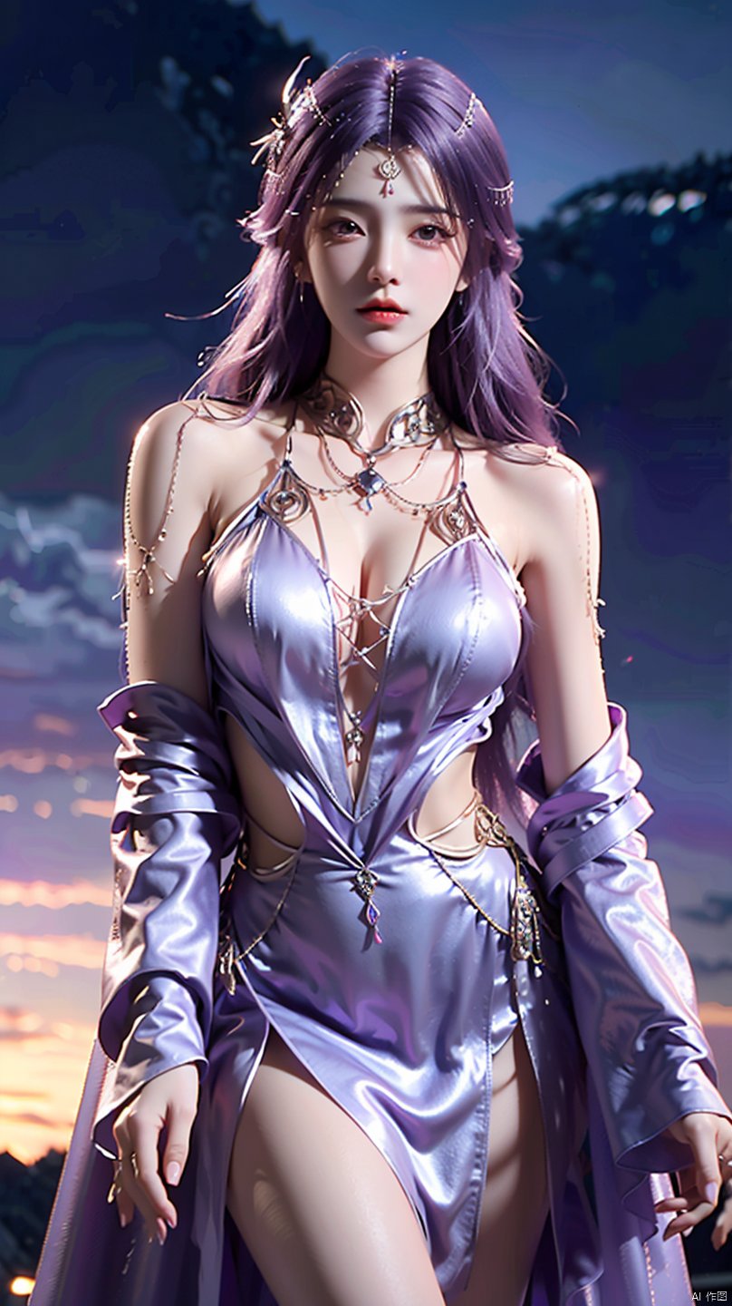  masterpiece,best quality,1girl, long hair, jewelry, purple hair, purple dress, bare shoulders, cowboy shot, dynamic pose, dynamic angle,