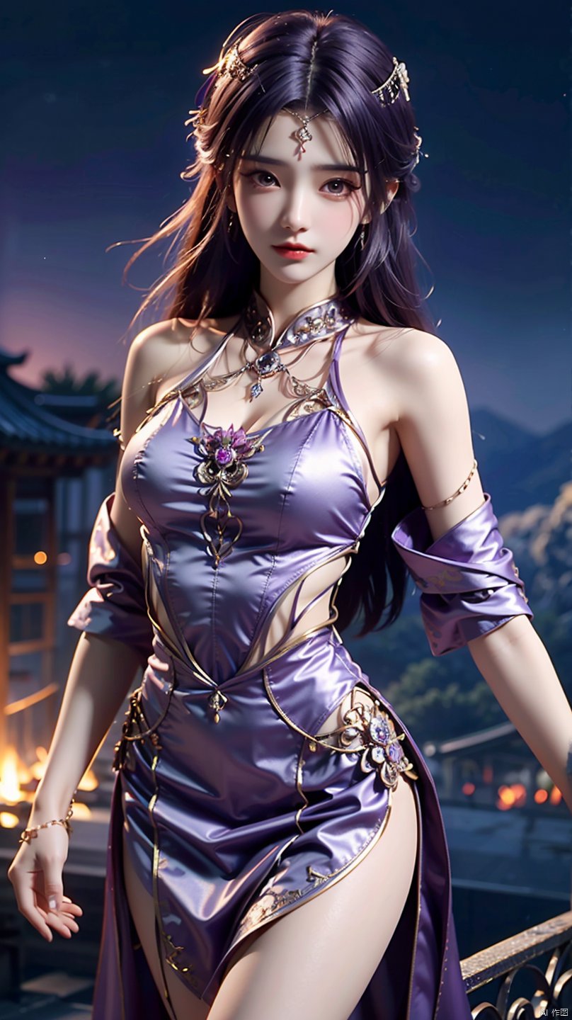  masterpiece,best quality,1girl, long hair, jewelry, purple hair, purple dress, chinese dress, bare shoulders, cowboy shot, dynamic pose, dynamic angle,