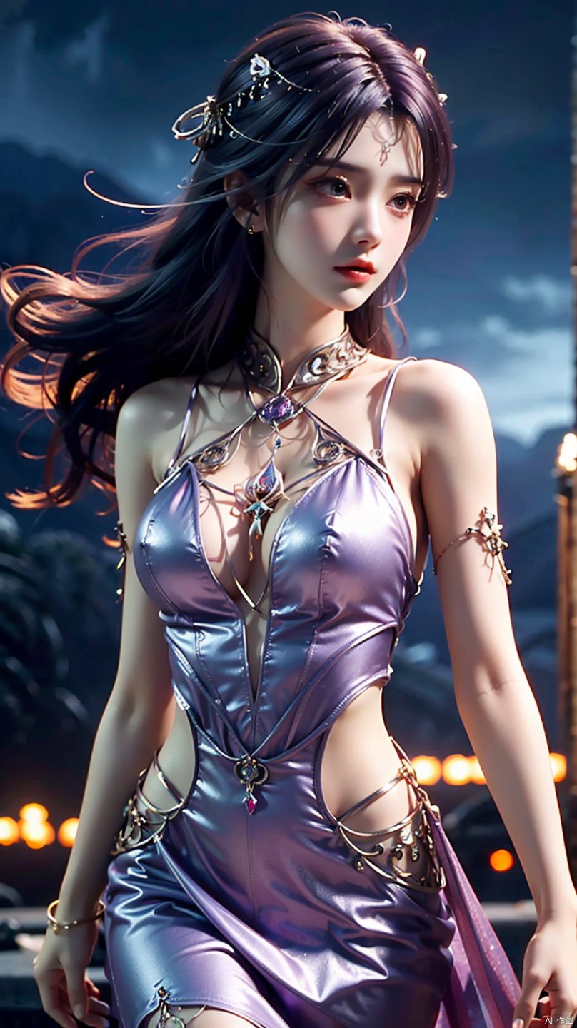  masterpiece,best quality,1girl, long hair, jewelry, purple hair, purple dress, bare shoulders, cowboy shot, dynamic pose, dynamic angle,