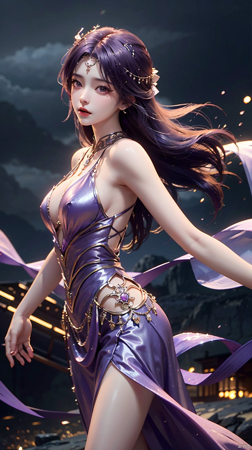  masterpiece,best quality,1girl, long hair, jewelry, purple hair, purple dress, bare shoulders, cowboy shot, dynamic pose, dynamic angle,