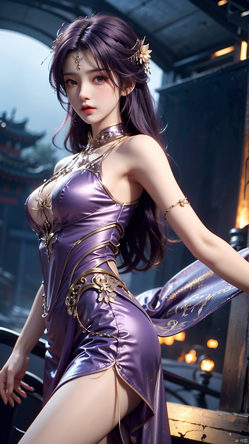  masterpiece,best quality,1girl, long hair, jewelry, purple hair, purple dress, chinese dress, bare shoulders, cowboy shot, dynamic pose, dynamic angle,