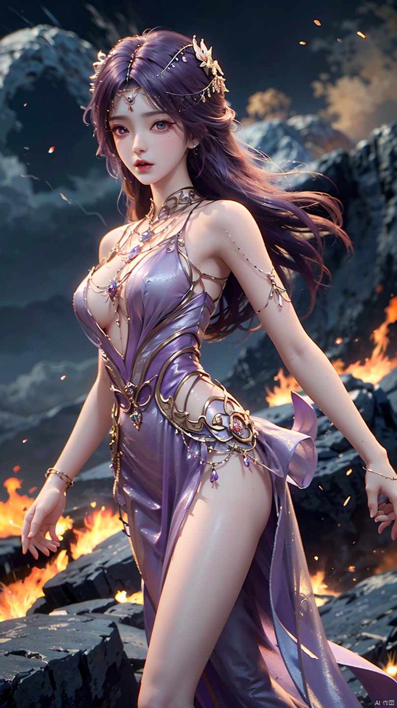  masterpiece,best quality,1girl, long hair, jewelry, purple hair, purple dress, bare shoulders, cowboy shot, dynamic pose, dynamic angle,