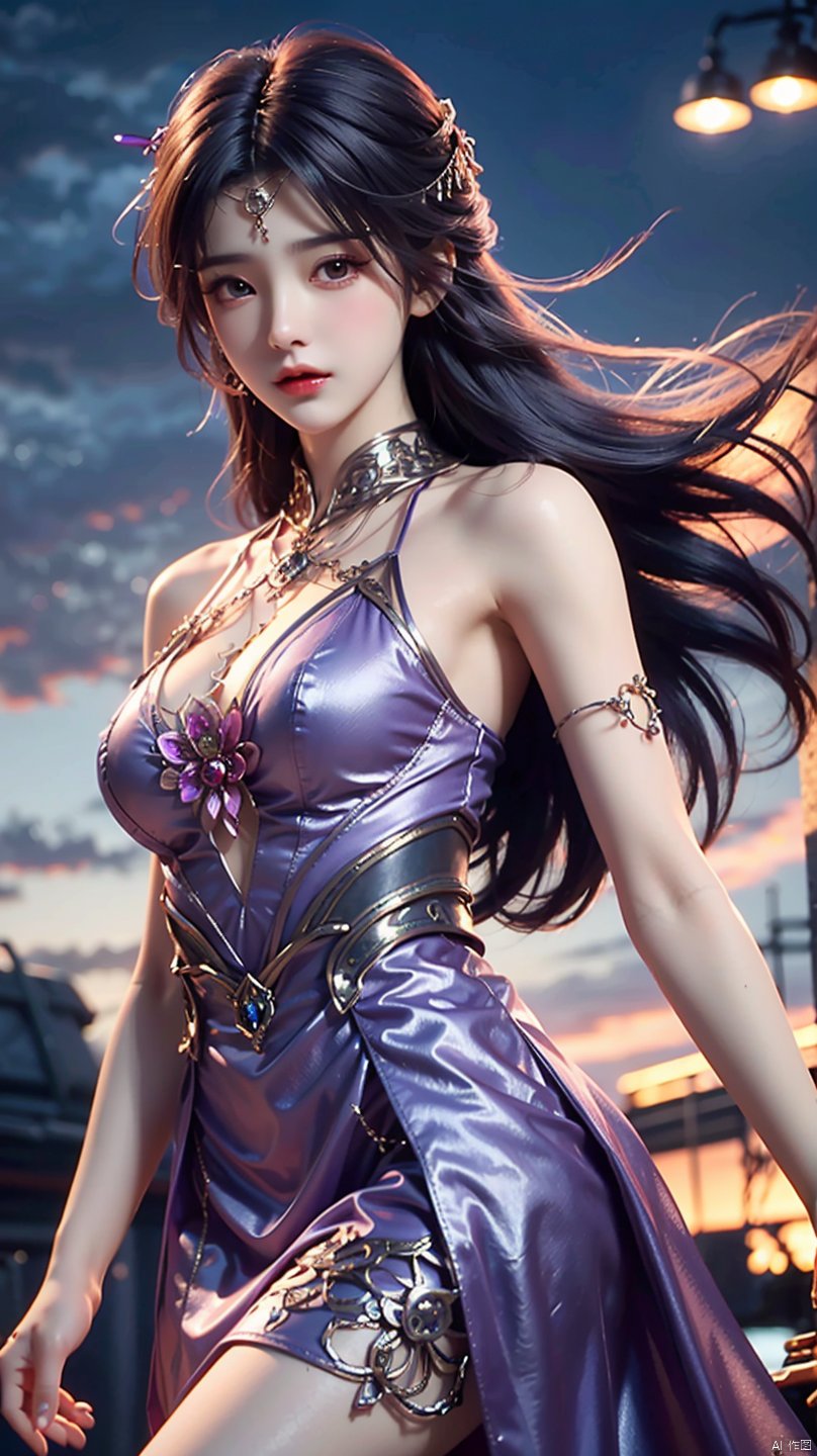  masterpiece,best quality,1girl, long hair, jewelry, purple hair, purple dress, gauze dress, bare shoulders, cowboy shot, dynamic pose, dynamic angle,