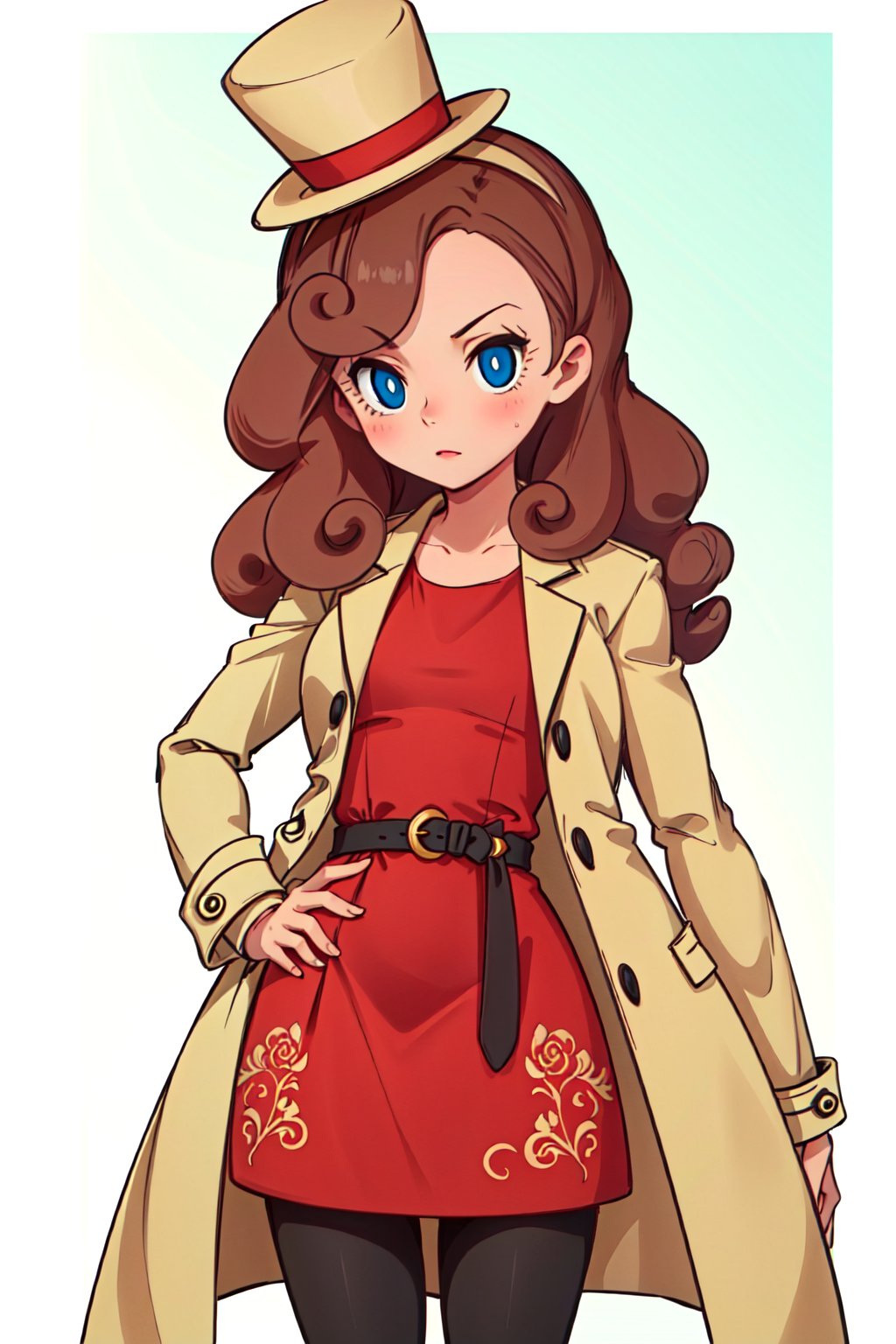 1girl, solo, Katrielle_layton, long hair, brown hair, curly hair, blue eyes, top hat,  yellow headwear, red dress,  dress, coat,  belt, black leggins