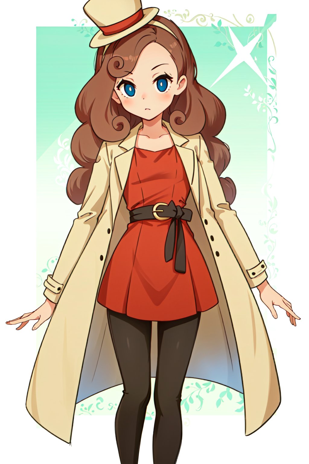 1girl, solo, Katrielle_layton, long hair, brown hair, curly hair, blue eyes, top hat,  yellow headwear, red dress,  dress, coat,  belt, black leggins