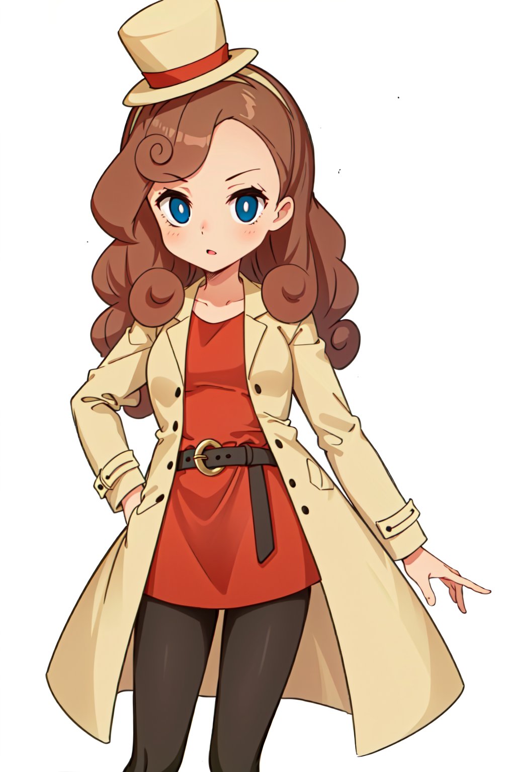 1girl, solo, Katrielle_layton, long hair, brown hair, curly hair, blue eyes, top hat,  yellow headwear, red dress,  dress, coat,  belt, black leggins