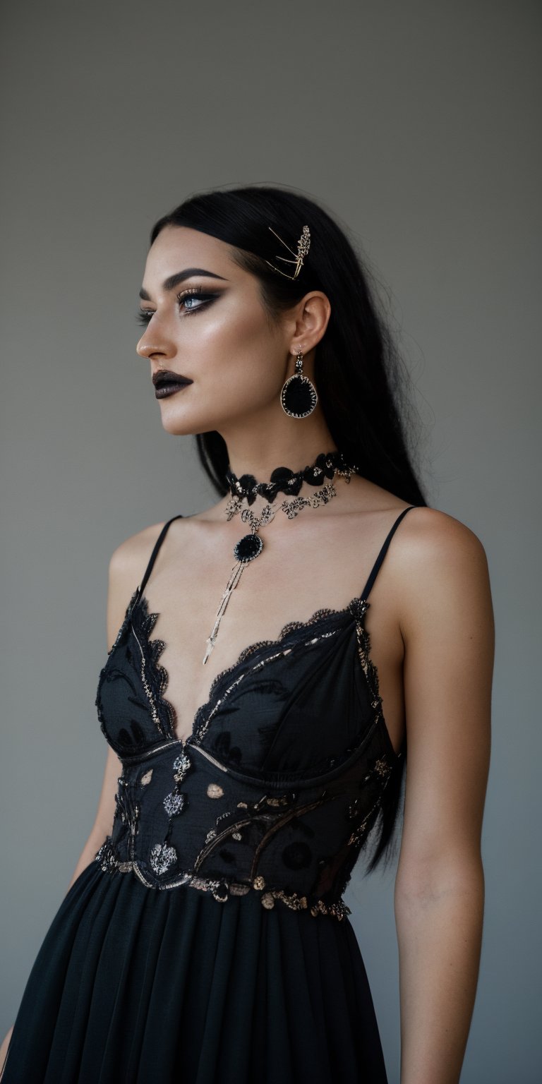  
Fashion model, bathed in dramatic spotlight, showcases feminine black silk dress adorned with intricate obsidian constellation embroidery. A single teardrop gem pendant hangs from a thin obsidian choker, echoing the obsidian stilettos clicking on a minimalist stage shrouded in black fabric. Moonlight whispers through, highlighting cascading raven waves adorned with a crescent moon hairpin, as her confident gaze, tinged with a smirk, exudes power and mystery,obsidian_art,photorealistic