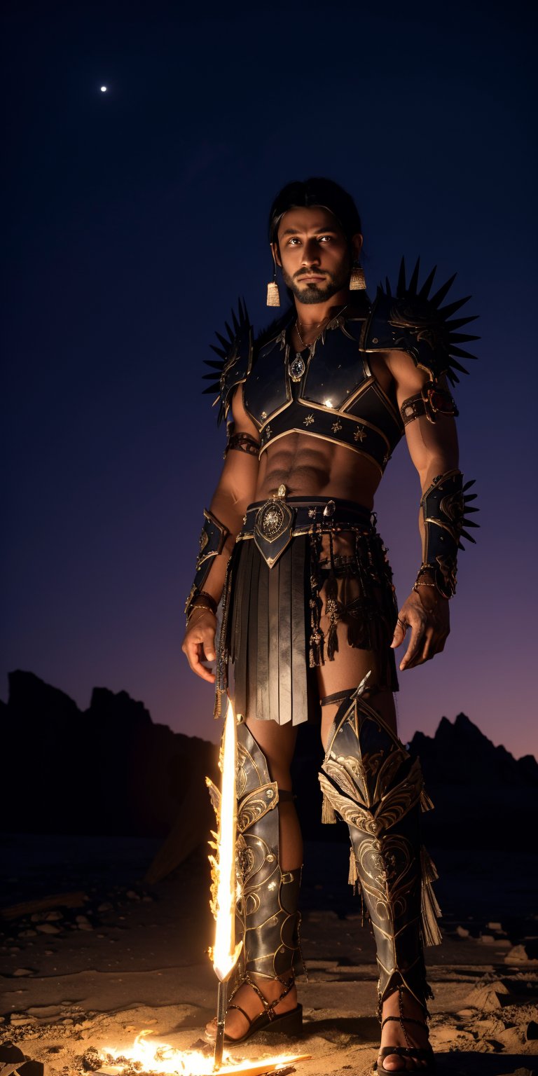  Bathed in fiery light, a stoic warrior stands tall, obsidian armor gleaming with tribal carvings. Black leather, adorned with obsidian spikes, hugs his form. A thick choker with a sharp fang pendant rests upon his neck, echoing the arrowhead earrings and swirling obsidian blade held firm. Moonlight whispers through a distant window, catching glint in his determined eyes and obsidian beads braided into his short, dark hair. The forge crackles, sparks mirroring the raw power emanating from this warrior clad in the night's essence,obsidian_art