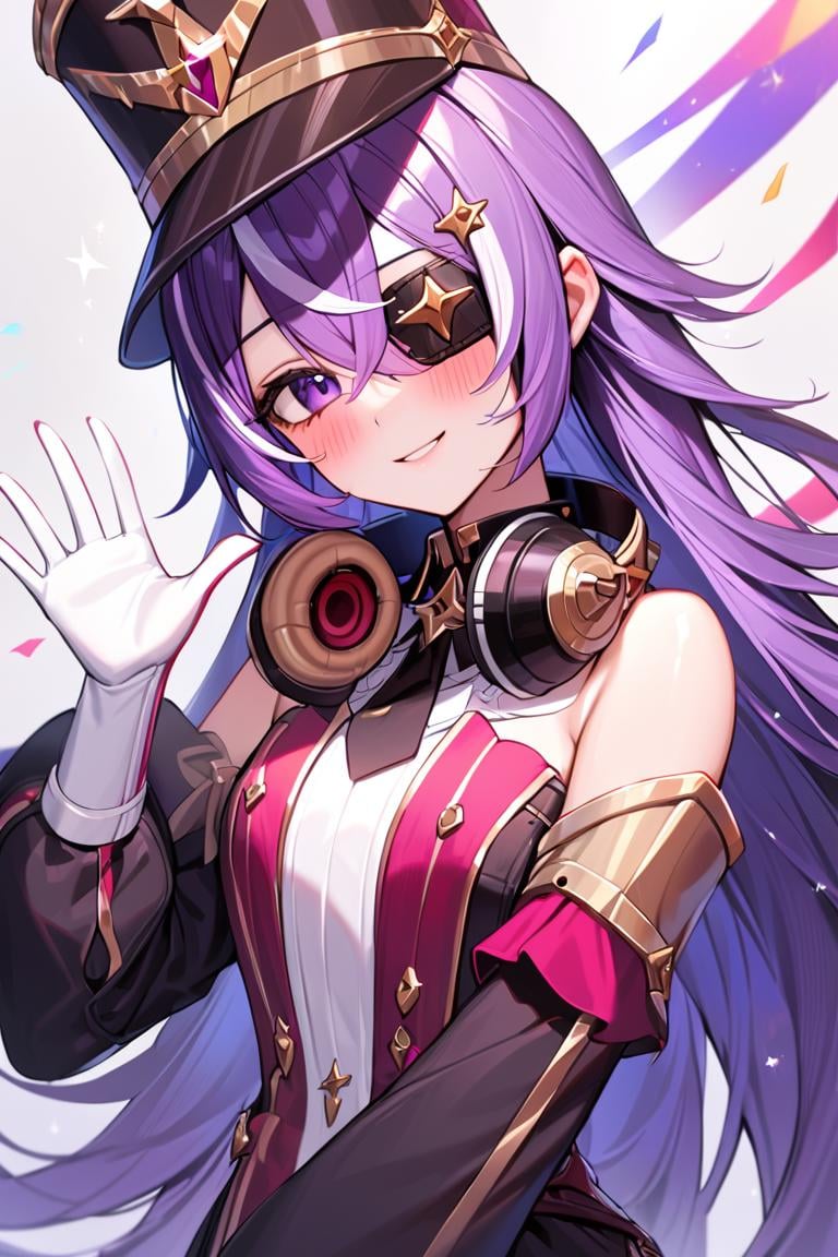 masterpiece, best quality, ultra detailed, BREAK 1girl, solo, female, chevreuseexp, purple hair, white streaks, long hair, Purple eyes, eye patch, hair clip, star clip,gloves, hat, dress, detached sleeves, white gloves, headphones around neck, upper body, waving hand, saying hi, blush, light smile, looking at viewer, colorful, vivid, <lora:ChevreuseGenshin_XL-000009:0.8>