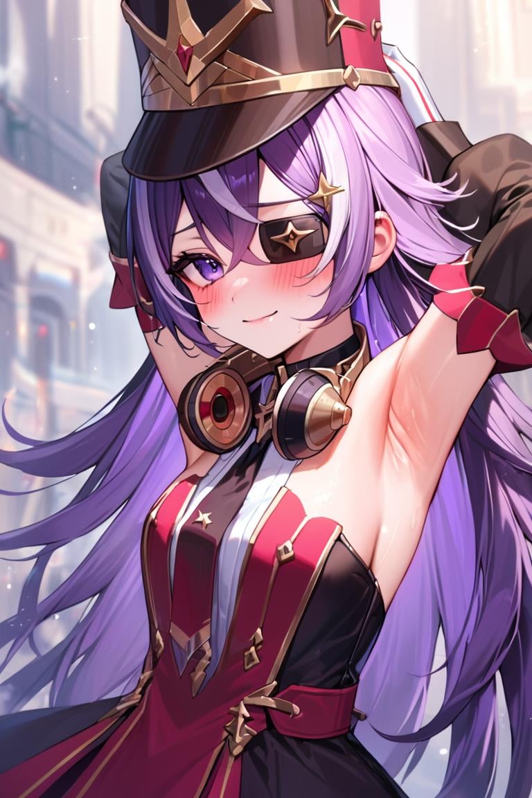 masterpiece, best quality, ultra detailed, BREAK 1girl, solo, female, chevreuseexp, purple hair, white streaks, long hair, Purple eyes, eye patch, hair clip, star clip,gloves, hat, dress, detached sleeves, white gloves, headphones around neck, arms above, armpits, embarrased, blush, upper body,  blush, light smile, looking at viewer, colorful, vivid, <lora:ChevreuseGenshin_XL-000009:0.8>