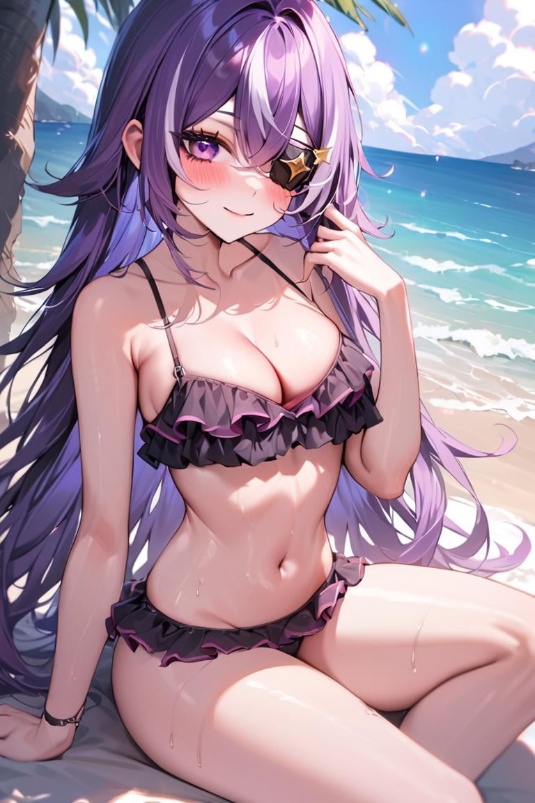 masterpiece, best quality, ultra detailed, BREAK 1girl, solo, female, chevreuseexp, purple hair, white streaks, long hair, Purple eyes, eye patch, hair clip, star clip,bikni, frilled bikini, printed, cleavage, navel, thighs, beach , ocean,, outdoors, blush, light smile, , looking at viewer, colorful, vivid, <lora:ChevreuseGenshin_XL-000009:0.8>