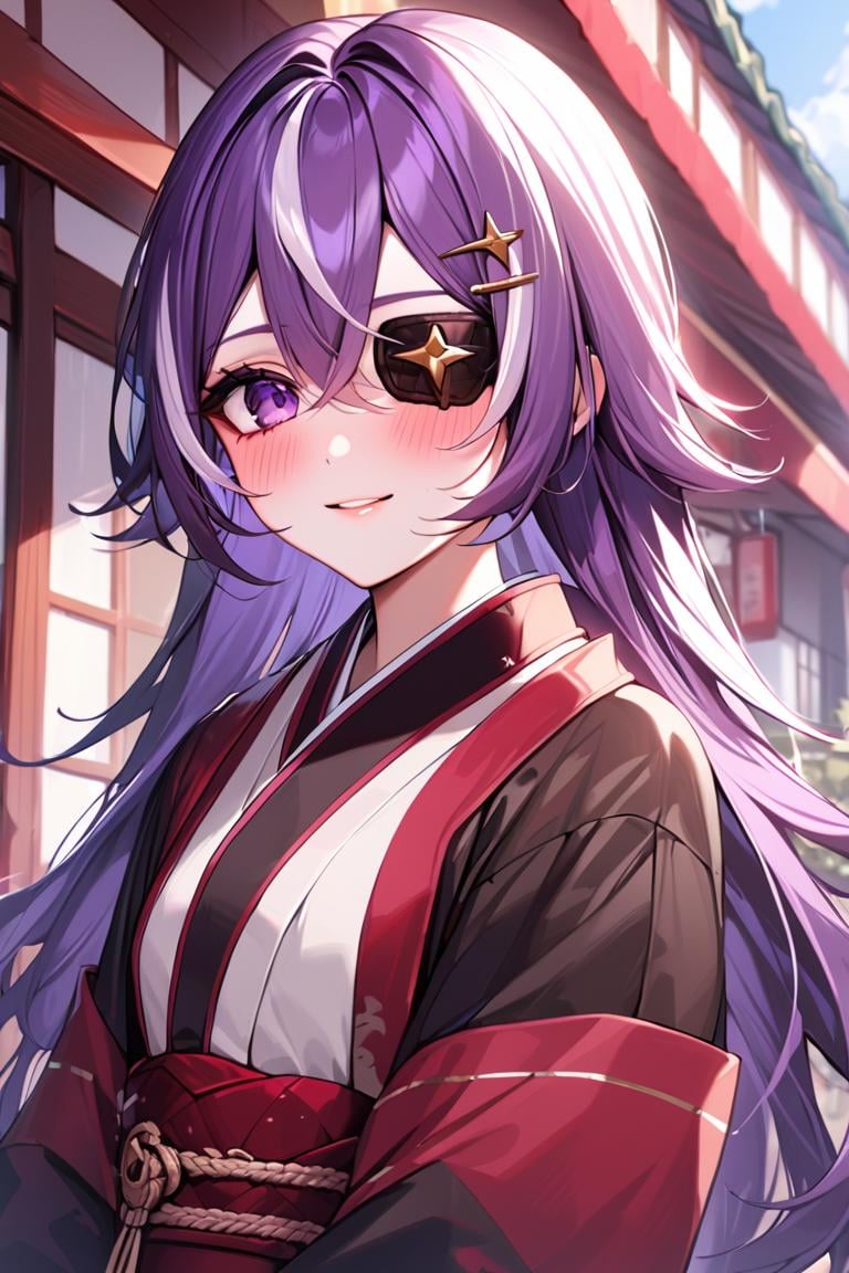 masterpiece, best quality, ultra detailed, BREAK 1girl, solo, female, chevreuseexp, purple hair, white streaks, long hair, Purple eyes, eye patch, hair clip, star clip,kimono, japanese clothes, japanese background, upper body, outdoors, blush, light smile , looking at viewer, colorful, vivid, <lora:ChevreuseGenshin_XL-000009:0.8>