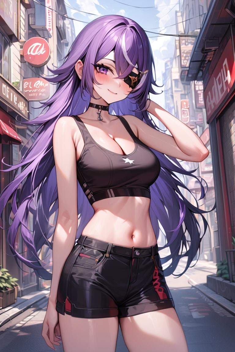 masterpiece, best quality, ultra detailed, BREAK 1girl, solo, female, chevreuseexp, purple hair, white streaks, long hair, Purple eyes, eye patch, hair clip, star clip,croptop, shorts, thighs, navel, cleavage, street, buildings, outdoors, blush, light smile, , looking at viewer, colorful, vivid, <lora:ChevreuseGenshin_XL-000009:0.8>