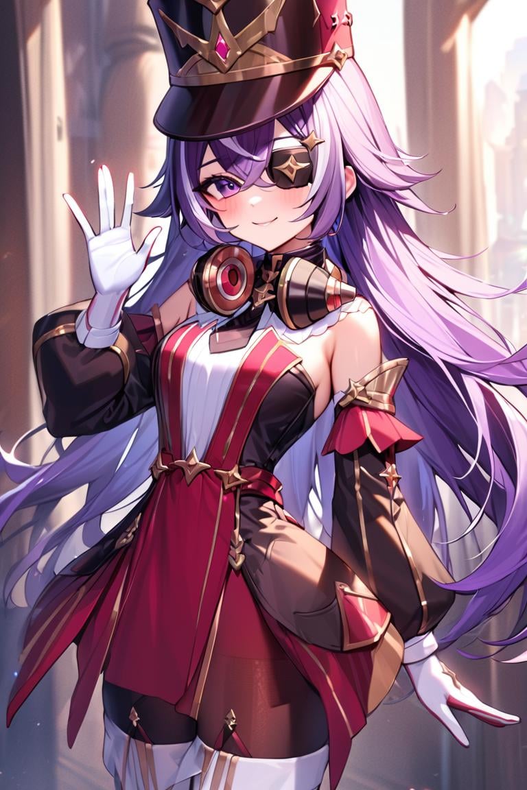 masterpiece, best quality, ultra detailed, BREAK 1girl, solo, female, chevreuseexp, purple hair, white streaks, long hair, Purple eyes, eye patch, hair clip, star clip,gloves, hat, dress, detached sleeves, white gloves, headphones around neck, pantyhose, white stockings, waving hand, saying hi, blush, light smile, cowboy shot, looking at viewer, colorful, vivid, <lora:ChevreuseGenshin_XL-000009:0.8>