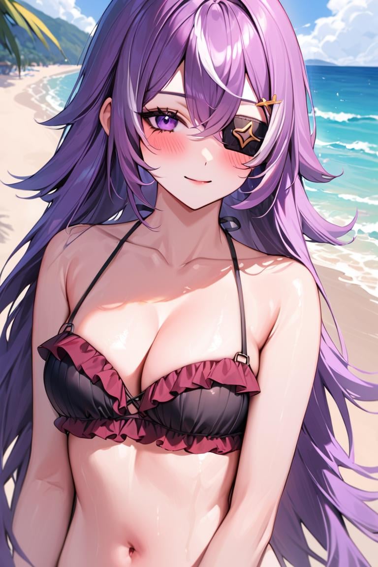 masterpiece, best quality, ultra detailed, BREAK 1girl, solo, female, chevreuseexp, purple hair, white streaks, long hair, Purple eyes, eye patch, hair clip, star clip,bikni, frilled bikini, printed, cleavage, navel, upper body, beach , ocean,, outdoors, blush, light smile, , looking at viewer, colorful, vivid, <lora:ChevreuseGenshin_XL-000009:0.8>