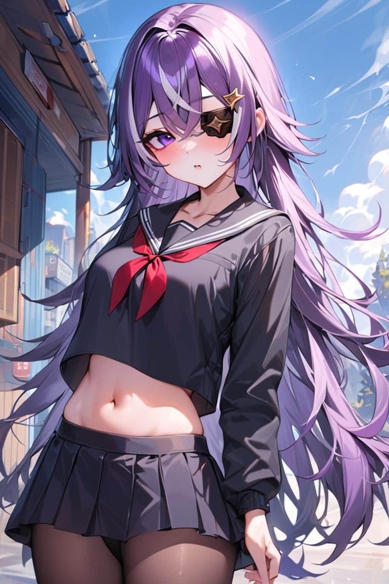 masterpiece, best quality, ultra detailed, BREAK 1girl, solo, female, chevreuseexp, purple hair, white streaks, long hair, Purple eyes, eye patch, hair clip, star clip,school uniform, school girl, serafuku, navel, skirt, panty hose, outdoors, , looking at viewer, colorful, vivid, <lora:ChevreuseGenshin_XL-000009:0.8>