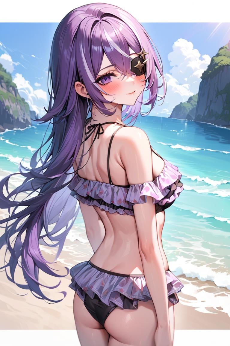 masterpiece, best quality, ultra detailed, BREAK 1girl, solo, female, chevreuseexp, purple hair, white streaks, long hair, Purple eyes, eye patch, hair clip, star clip,bikni, frilled bikini, printed, cleavage, navel, back shot, from behind , beach , ocean,, outdoors, blush, light smile, , looking at viewer, colorful, vivid, <lora:ChevreuseGenshin_XL-000009:0.8>