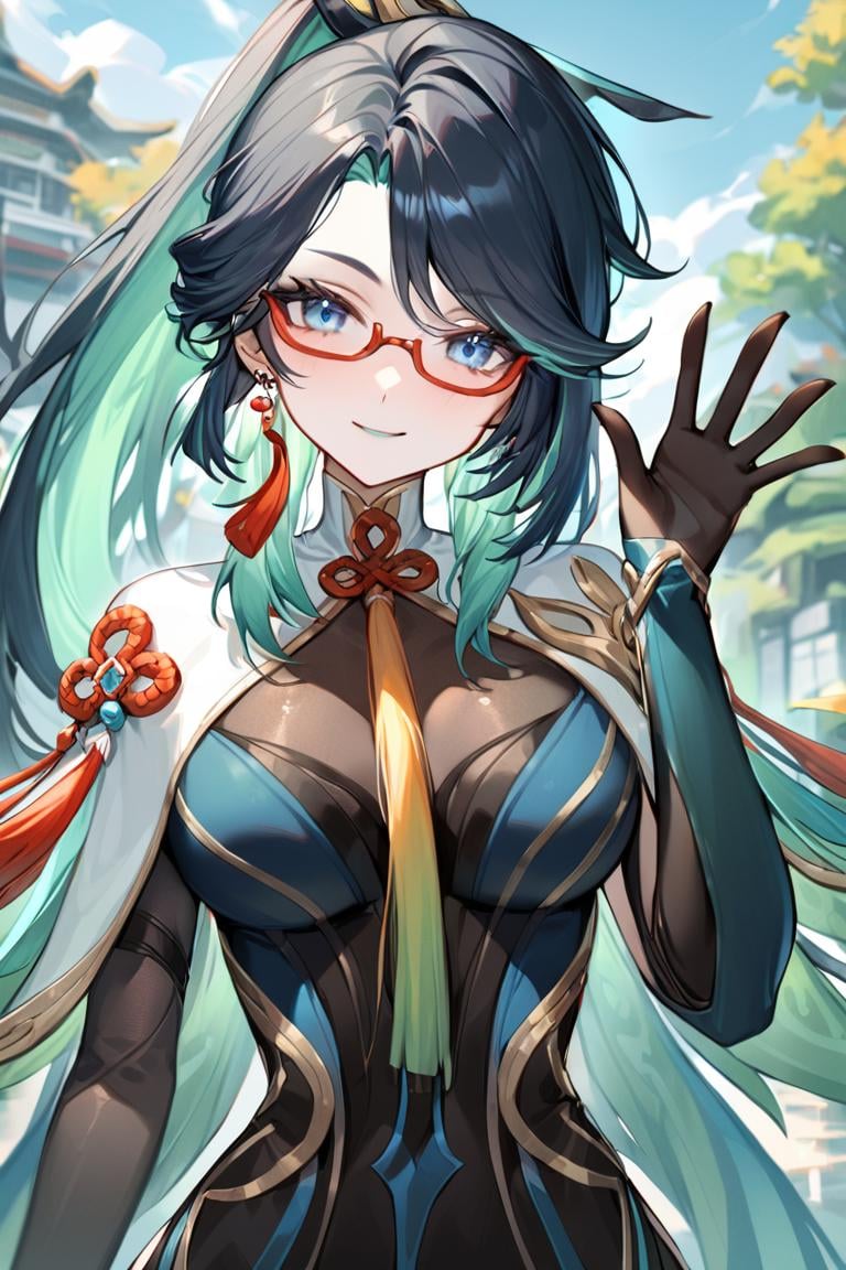 masterpiece, best quality, ultra detailed, BREAK 1girl, solo, female, xianyunexp, blue eyes, multicolored hair, ponytail, hair ornament, glasses, chinese clothes, bodysuit, jewelry, earrings, black gloves, tassel, saying hi, waving hand, upper body, light smile, outdoors, looking at viewer, cowboy shot, colorful, vivid, <lora:Xianyun_XL-000008:0.8> 