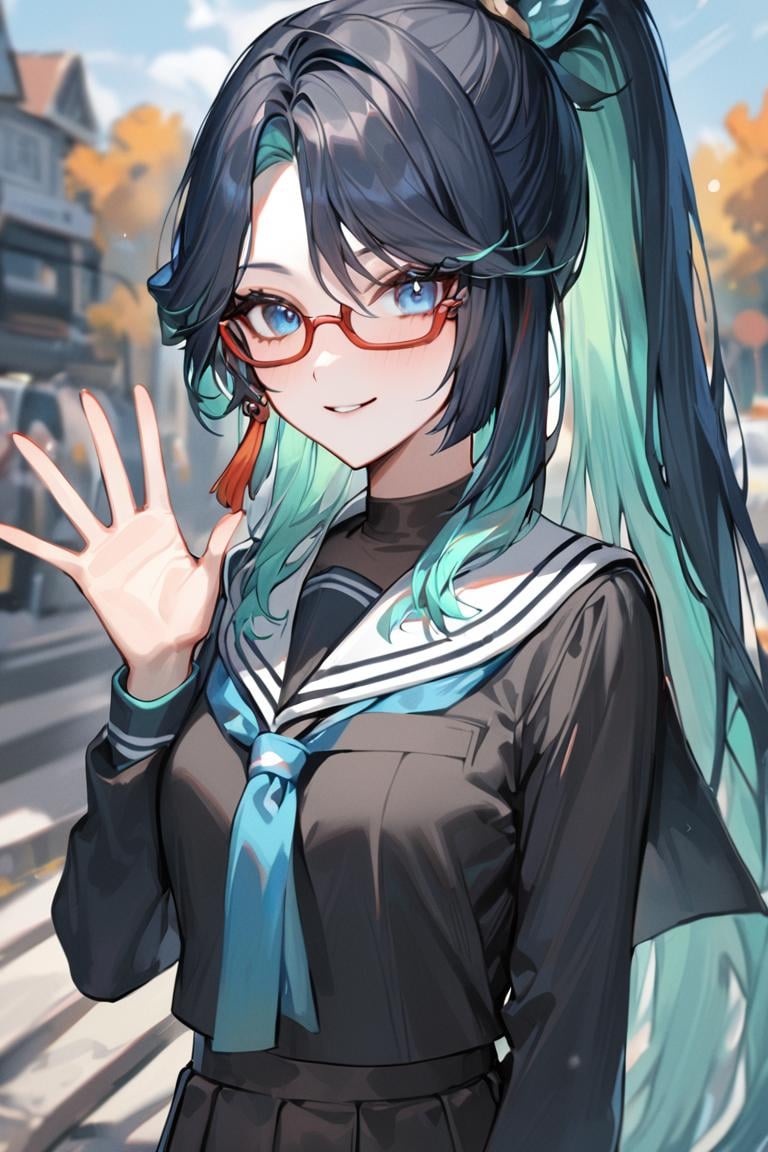 masterpiece, best quality, ultra detailed, BREAK 1girl, solo, female, xianyunexp, blue eyes, multicolored hair, ponytail, hair ornament, glasses, earrings, school unifrom, serafuku, skirt, , saying hi, waving hand, upper body, light smile, outdoors, looking at viewer, cowboy shot, colorful, vivid, <lora:Xianyun_XL-000008:0.8> 