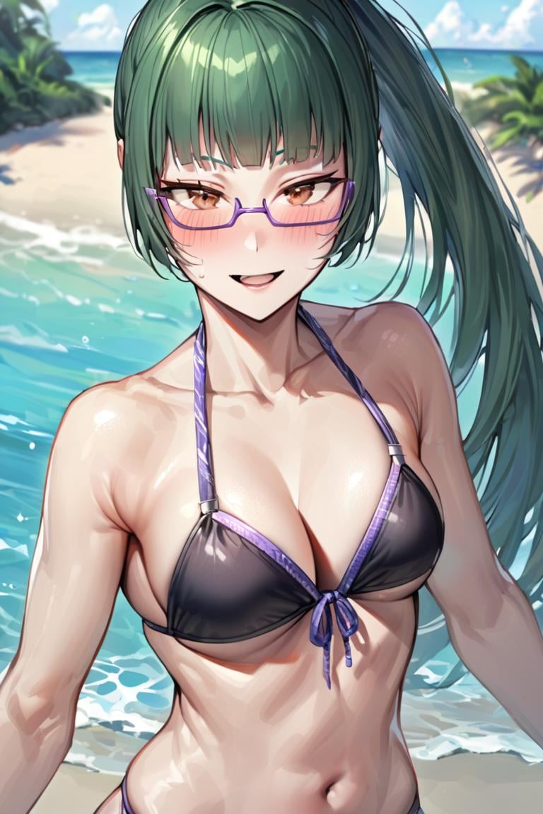 masterpiece, best quality, ultra detailed, BREAK1girl, solo, female, maki exp, green hair, ponytail, long hair, brown eyes, purple glasses, side locks, bangs, bikini, cleavage, navel, beach, ocean, open mouth, upper body, blush,,  , outdoors,,, light smile, upperbody, cowboy shot, blush,, looking at viewer, colorful, vivid, <lora:Maki_Zenin_XL-000009:1>