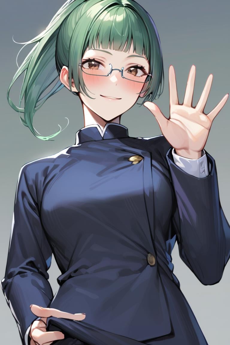 masterpiece, best quality, ultra detailed, BREAK1girl, solo, female, maki exp, green hair, ponytail, brown eyes, glasses, side locks, bangs, school uniform, jacket, waving hand, saying hi , simple background,, light smile, upperbody, cowboy shot, blush,, looking at viewer, colorful, vivid,  <lora:Maki_Zenin_XL:0.8>