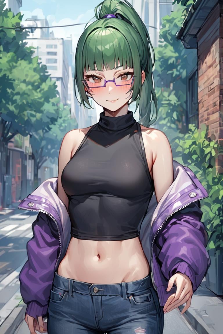 masterpiece, best quality, ultra detailed, BREAK 1girl, solo, female, maki exp, green hair, ponytail, long hair, brown eyes, purple glasses, side locks, bangs, crop top, jeans, navel, groin, jacket, off shoulder, bare shoulders, street, buildings, trees,, outdoors,,, light smile, , cowboy shot, blush,, looking at viewer, colorful, vivid, <lora:Maki_Zenin_XL-000009:1>