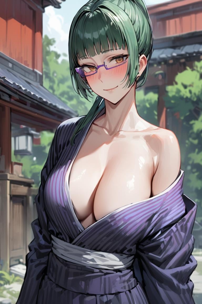 masterpiece, best quality, ultra detailed, BREAK 1girl, solo, female, maki exp, green hair, ponytail, long hair, brown eyes, purple glasses, side locks, bangs, yukata, japanese cothing, off shoulder, cleavage,  japanese background,, outdoors,,, light smile, , cowboy shot, blush,, looking at viewer, colorful, vivid, <lora:Maki_Zenin_XL-000009:1>