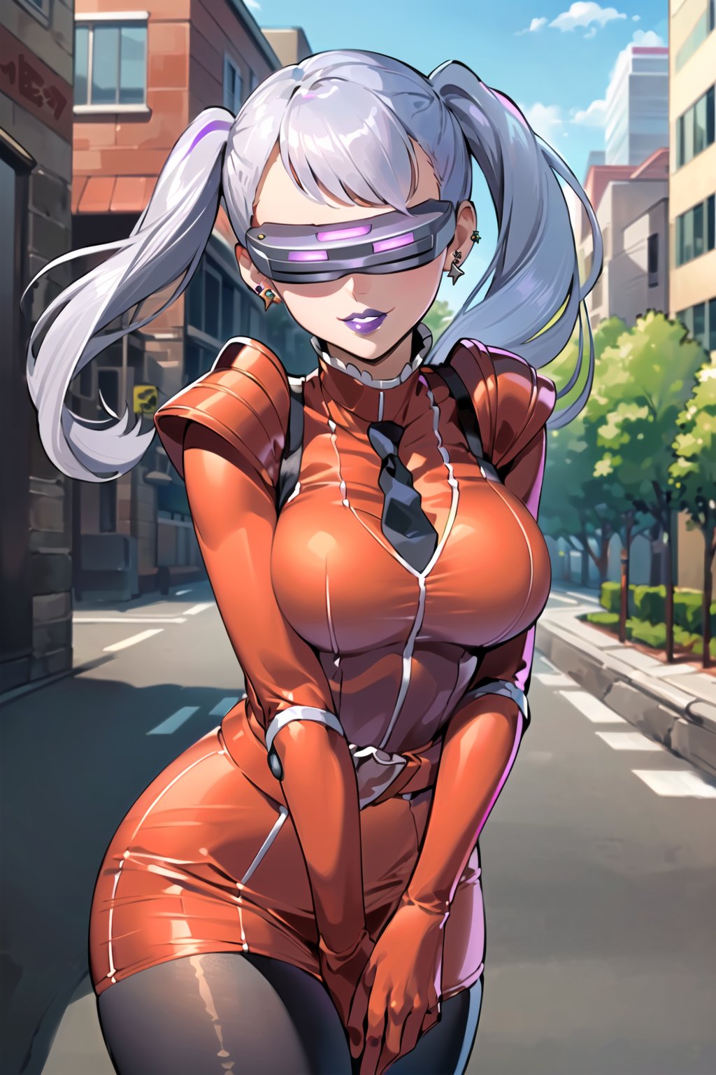 ((best quality)), ((highly detailed)), masterpiece, ((official art), (noelle_silva, silver hair, twintails, bangs, earrings, jewelry), (head-mounted display), evil smile, lips, purple lips, outdoor, city, street,  (red bodysuit), shoulder armor,  shoulder pads, necktie, red gloves, red jacket, belt, red skirt, black pantyhose, 