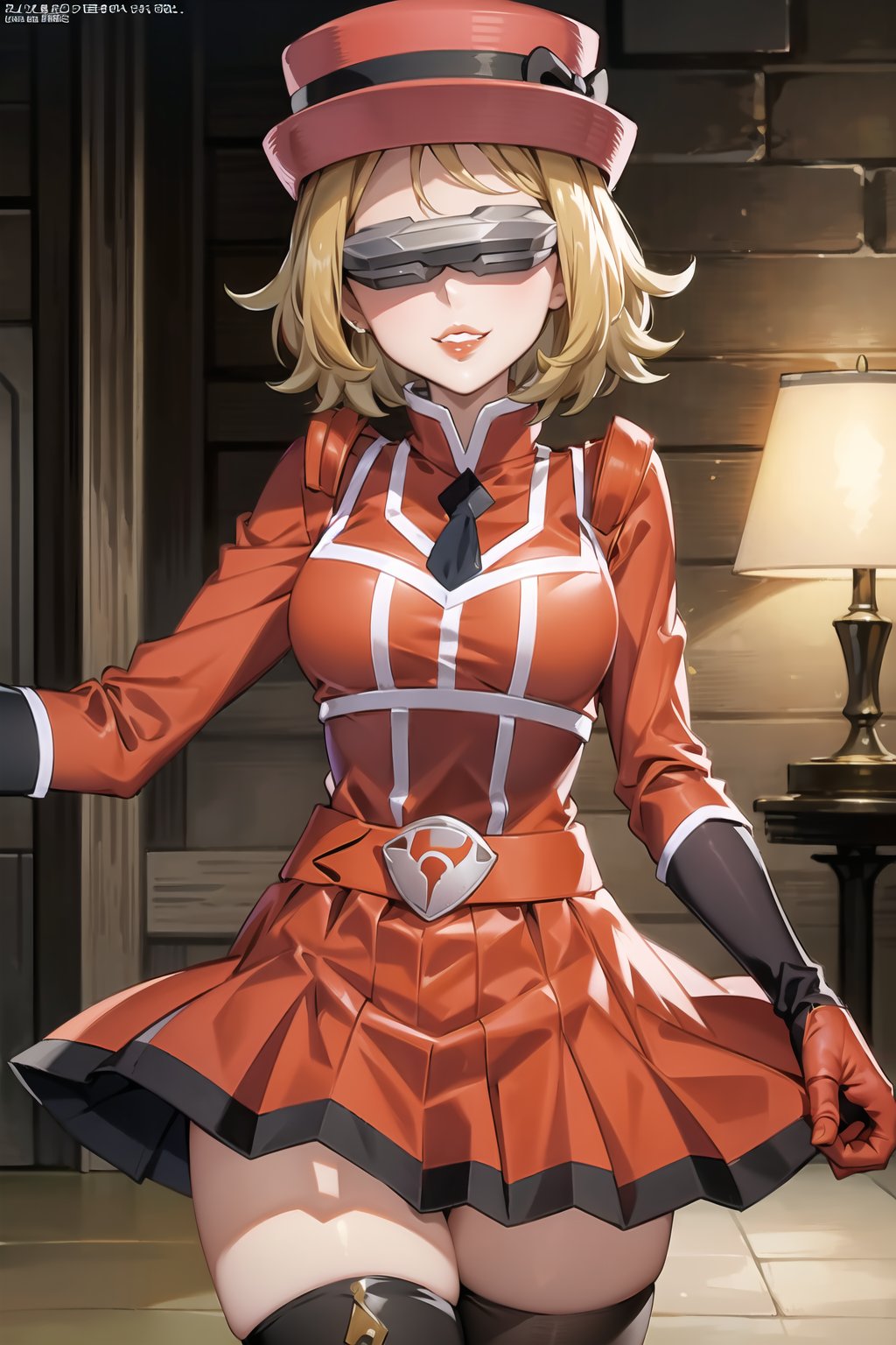 (best quality), (highly detailed), masterpiece, (official art),serena, hat, red hat , short hair, (team flare:1.2), (head-mounted display), gloves,juliet_sleeves, long_sleeves , pleated skirt, thighhighs, hat, thigh boots, dress, belt, red dress, pantyhose, (lips:1.2), grin, smirk, (seductive pose:1.2), cowboy shot, looking at viewer, indoors, blurry background,depth of field, best quality, masterpiece, intricate details, tonemapping, sharp focus, hyper detailed, trending on Artstation,