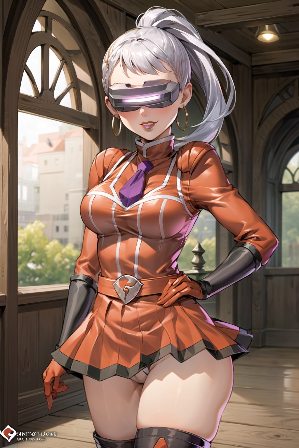 (best quality), (highly detailed), masterpiece, (official art),noelle_silva, silver hair, sidelocks, ponytail, bangs, hoop earrings, (team flare:1.2), (head-mounted display), purple lips, gloves,juliet_sleeves, long_sleeves , pleated skirt, thighhighs, thigh boots, dress, belt, red dress, pantyhose, (lips:1.2), evil smile, (seductive pose:1.2), cowboy shot, looking at viewer, indoors, blurry background,depth of field, best quality, masterpiece, intricate details, tonemapping, sharp focus, hyper detailed, trending on Artstation,