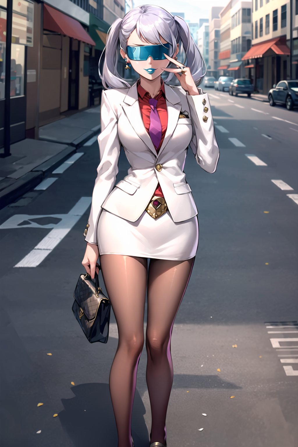 ((best quality)), ((highly detailed)), masterpiece, ((official art), (noelle_silva, silver hair, twintails, bangs, earrings, jewelry), (blindfold), evil smile, lips, blue lips, outdoor, city, street,  skirt, shirt, long sleeves, jacket, pantyhose, formal, necktie, sunglasses, shoes, suit, belt, white jacket, pencil skirt, tinted eyewear, red pantyhose