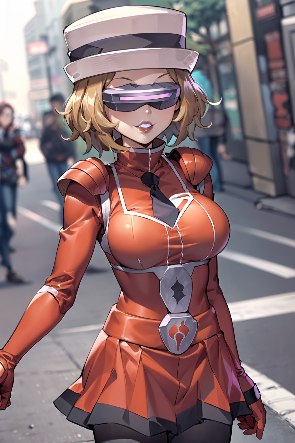 ((best quality)), ((highly detailed)), masterpiece, ((official art), (serena, hat, red hat , short hair), evil smile, lips, purple lips, outdoor, city, street, head-mounted display, bodysuit, shoulder armor,  shoulder pads, necktie, red gloves, red jacket, belt, red skirt, black pantyhose, 
,  intricately detailed, hyperdetailed, blurry background,depth of field, best quality, masterpiece, intricate details, tonemapping, sharp focus, hyper detailed, trending on Artstation,1 girl, high res, official art,beautiful detailed eyes,ruby rose,serena