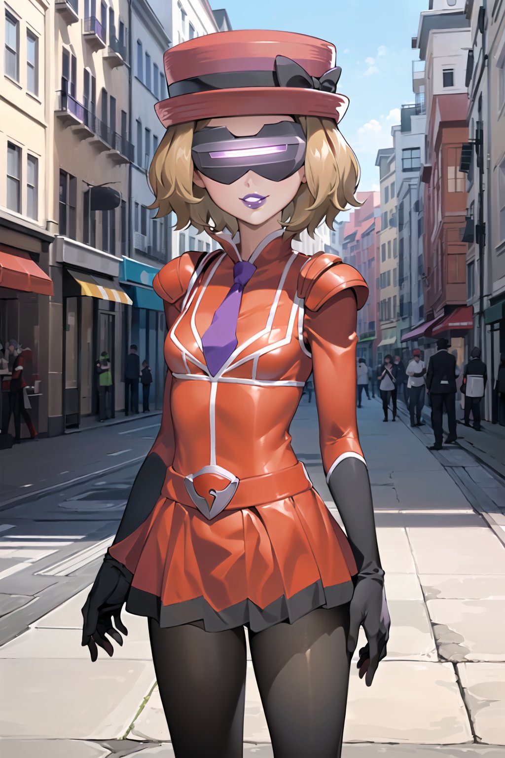 ((best quality)), ((highly detailed)), masterpiece, ((official art), (serena, hat, red hat , short hair), evil smile, lips, purple lips, outdoor, city, street, head-mounted display, bodysuit, shoulder armor,  shoulder pads, necktie, red gloves, red jacket, belt, red skirt, black pantyhose, 