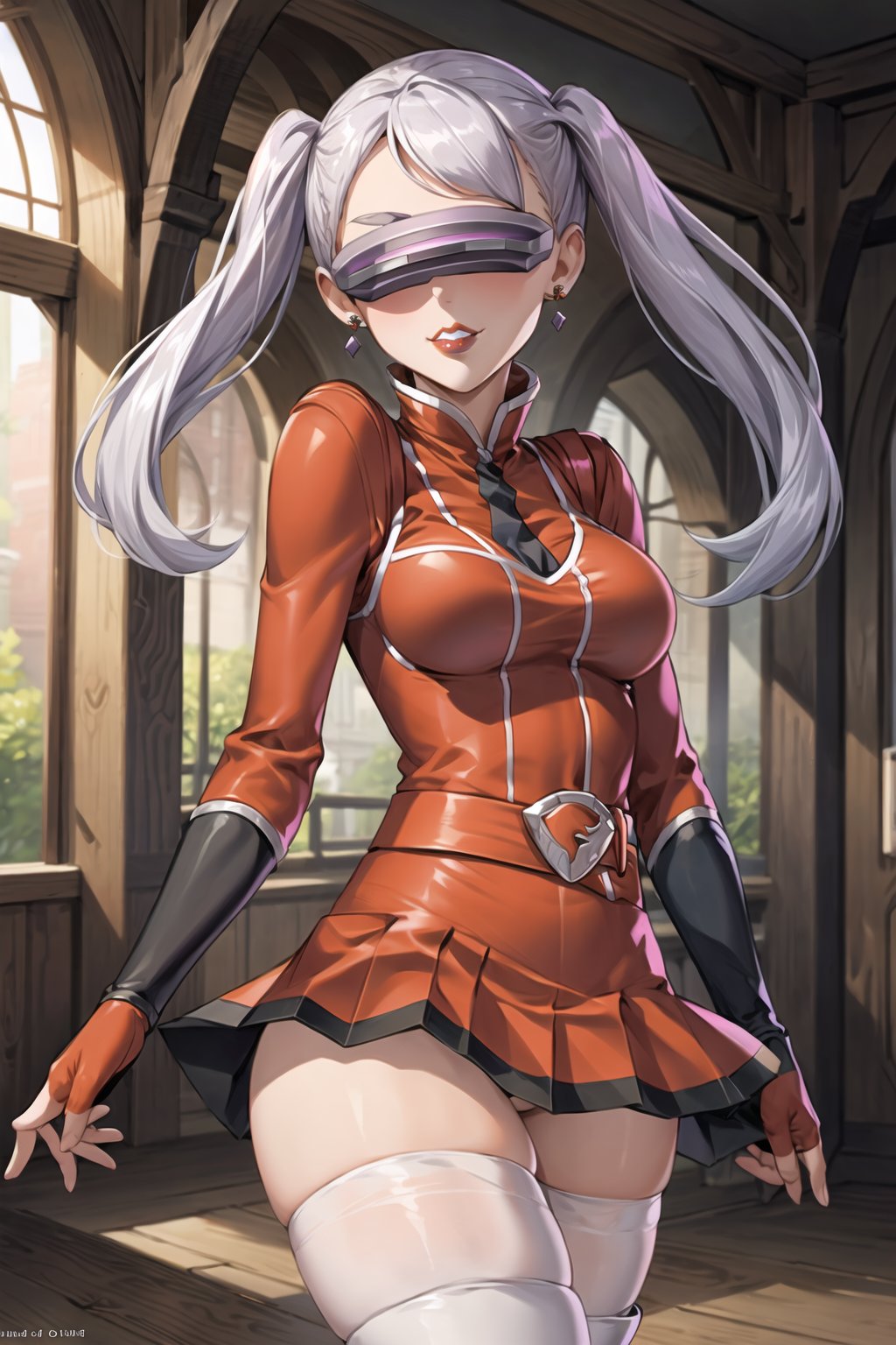 (best quality), (highly detailed), masterpiece, (official art),noelle_silva, silver hair, twintails, bangs, earrings, jewelry, (team flare:1.2), (head-mounted display), purple lips, gloves,juliet_sleeves, long_sleeves , pleated skirt, thighhighs, thigh boots, dress, belt, red dress, pantyhose, (lips:1.2), evil smile, (seductive pose:1.2), cowboy shot, looking at viewer, indoors, blurry background,depth of field, best quality, masterpiece, intricate details, tonemapping, sharp focus, hyper detailed, trending on Artstation,