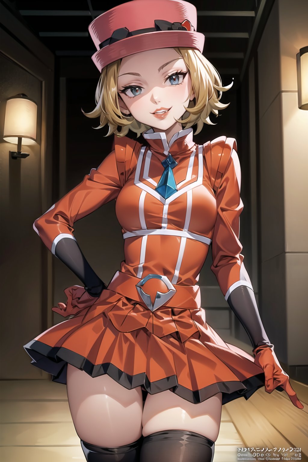 (best quality), (highly detailed), masterpiece, (official art),serena, hat, red hat , short hair, (team flare:1.2), gloves,juliet_sleeves, long_sleeves , pleated skirt, thighhighs, hat, thigh boots, dress, belt, red dress, pantyhose, (lips:1.2), grin, smirk, (seductive pose:1.2), cowboy shot, looking at viewer, indoors, blurry background,depth of field, best quality, masterpiece, intricate details, tonemapping, sharp focus, hyper detailed, trending on Artstation,