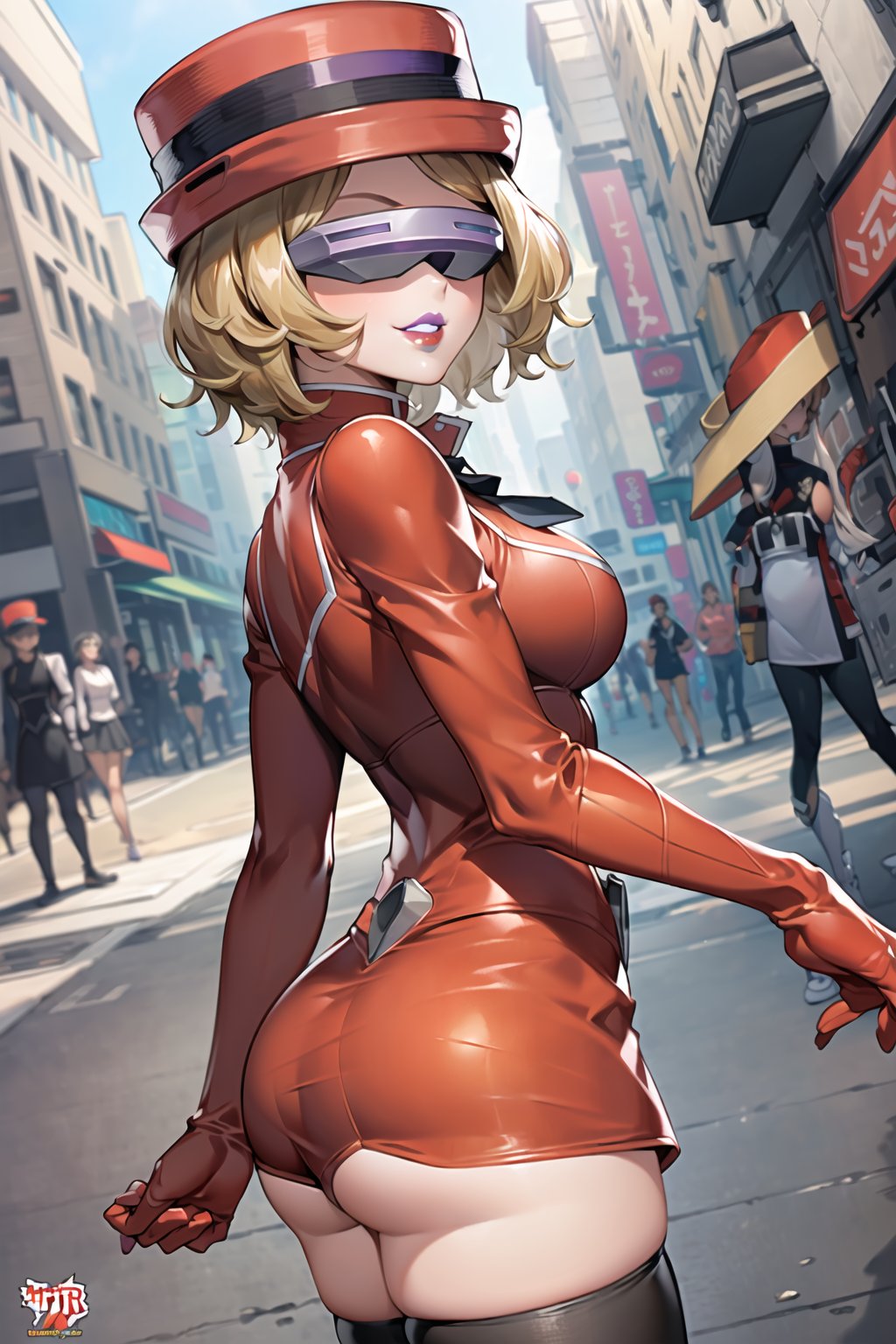 ((best quality)), ((highly detailed)), masterpiece, ((official art), (serena, hat, red hat , short hair), evil smile, lips, purple lips, outdoor, city, street, head-mounted display, bodysuit, shoulder armor,  shoulder pads, necktie, red gloves, red jacket, belt, red skirt, black pantyhose, 
,  intricately detailed, hyperdetailed, blurry background,depth of field, best quality, masterpiece, intricate details, tonemapping, sharp focus, hyper detailed, trending on Artstation,1 girl, high res, official art,beautiful detailed eyes,ruby rose,serena