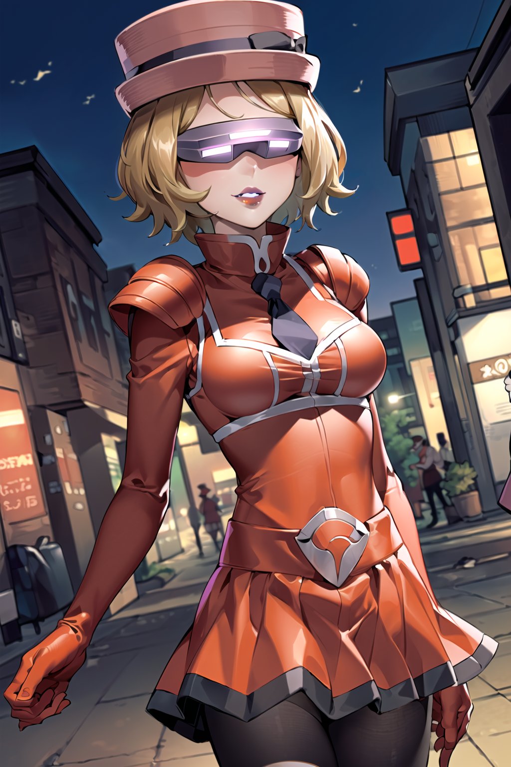 ((best quality)), ((highly detailed)), masterpiece, ((official art), (serena, hat, red hat , short hair), evil smile, lips, purple lips, outdoor, city, street, head-mounted display, bodysuit, shoulder armor,  shoulder pads, necktie, red gloves, red jacket, belt, red skirt, black pantyhose, 
,  intricately detailed, hyperdetailed, blurry background,depth of field, best quality, masterpiece, intricate details, tonemapping, sharp focus, hyper detailed, trending on Artstation,1 girl, high res, official art,beautiful detailed eyes,ruby rose,serena