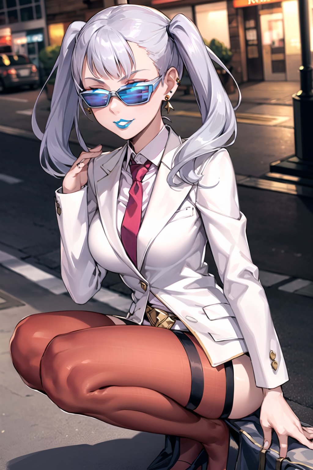 ((best quality)), ((highly detailed)), masterpiece, ((official art), (noelle_silva, silver hair, twintails, bangs, earrings, jewelry),  evil smile, lips, blue lips, outdoor, city, street,  skirt, shirt, long sleeves, jacket, pantyhose, formal, necktie, sunglasses, shoes, suit, belt, white jacket, pencil skirt, tinted eyewear, red pantyhose