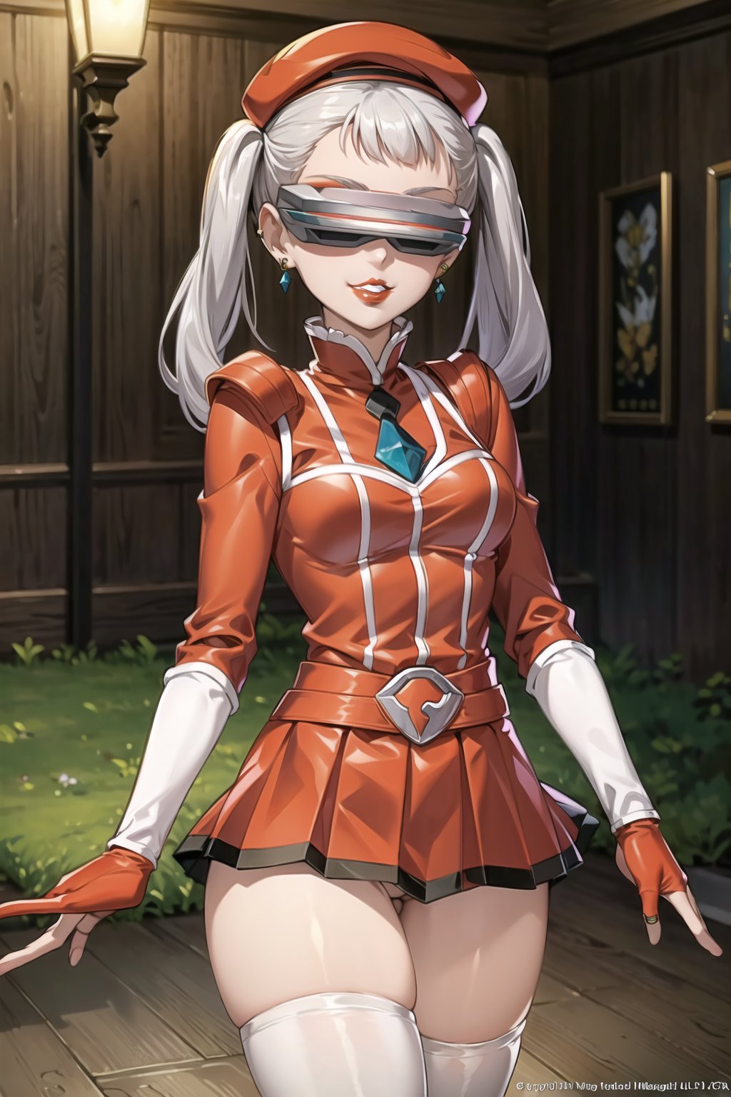 (best quality), (highly detailed), masterpiece, (official art),noelle_silva, silver hair, twintails, bangs, earrings, jewelry, (team flare:1.2), (head-mounted display), red lips, gloves,juliet_sleeves, long_sleeves , pleated skirt, thighhighs, hat, thigh boots, dress, belt, red dress, pantyhose, (lips:1.2), grin, smirk, (seductive pose:1.2), cowboy shot, looking at viewer, indoors, blurry background,depth of field, best quality, masterpiece, intricate details, tonemapping, sharp focus, hyper detailed, trending on Artstation,